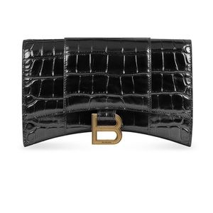WOMEN'S HOURGLASS WALLET ON CHAIN CROCODILE EMBOSSED IN BLACK NEW
